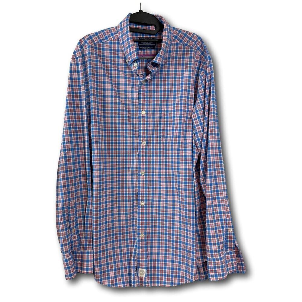 Vineyard Vines Performance Shirt Red Blue LS Classic Fit Murray L